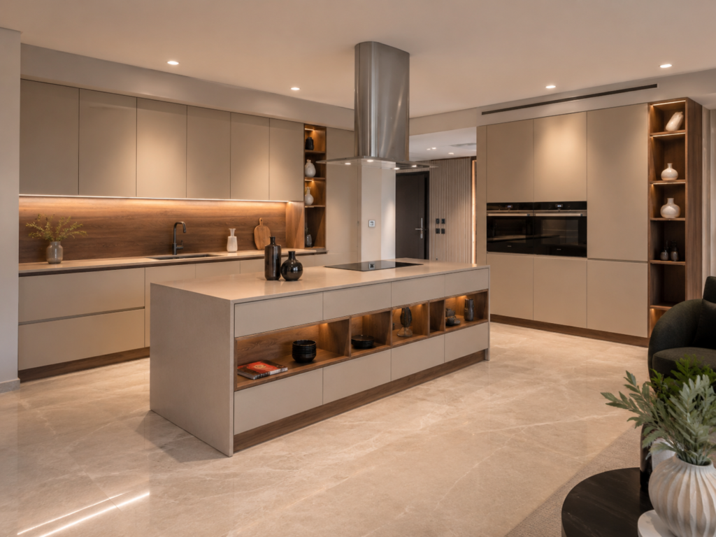 10. Bej ve Ceviz Modern Açık Plan Mutfak Tarz: Modern, açık plan, minimalist mutfak Kapak Rengi: Kaşmir bej / kum beji Ahşap Detay: Ceviz açık raf ve ada iç detayları Malzeme: Mat MDFLAM / akrilik kapak, MDFLAM gövde Tezgâh: Açık renk taş / kuvars yüzey Kulp: Kulpsuz veya gizli kulp sistemi Aydınlatma: Gizli LED, raf içi aydınlatma, spot ışıklar Öne Çıkan Özellik: Açık plan salon-mutfak uyumu ve sade lüks görünüm