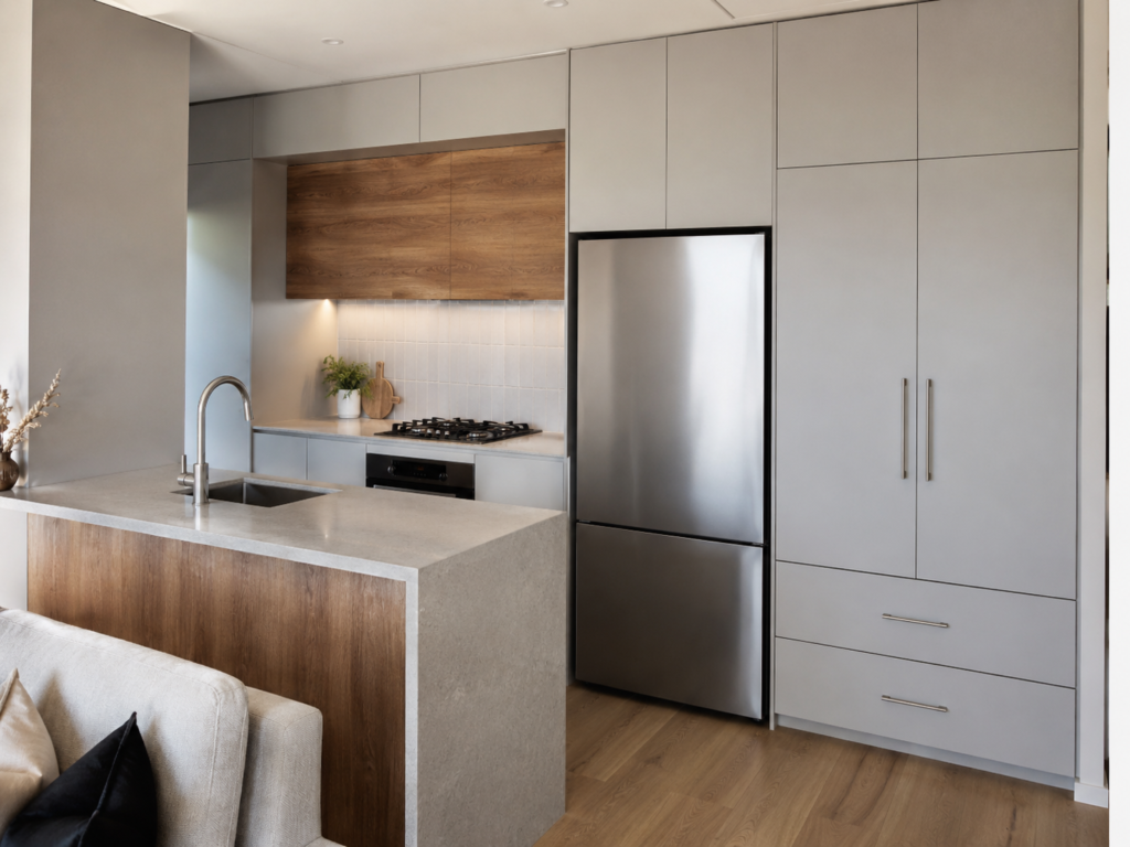 4. Kompakt Modern Gri ve Ahşap Mutfak Tarz: Modern, kompakt, apartman tipi mutfak Kapak Rengi: Açık gri / mat gri Ahşap Detay: Sıcak meşe / ceviz panel detayları Malzeme: Mat MDFLAM veya akrilik yüzey kapaklar Tezgâh: Açık gri kuvars / kompakt laminat Kulp: İnce metal kulp Aydınlatma: Tezgâh üstü noktasal LED aydınlatma Öne Çıkan Özellik: Dar alanlarda maksimum depolama ve ankastre uyumu