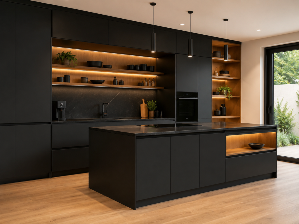6. Mat Siyah ve Ahşap Modern Mutfak Tarz: Modern, maskülen, lüks mutfak Kapak Rengi: Mat siyah / antrasit Ahşap Detay: Ceviz raf ve iç niş detayları Malzeme: Mat lake / akrilik kapak, MDFLAM gövde Tezgâh: Siyah granit / koyu kuvars görünümlü tezgâh Kulp: Kulpsuz veya gizli kulp sistemi Aydınlatma: Raf içi ve tezgâh üstü sıcak LED aydınlatma Öne Çıkan Özellik: Siyah kapak, sıcak ahşap ve gizli ışık dengesi